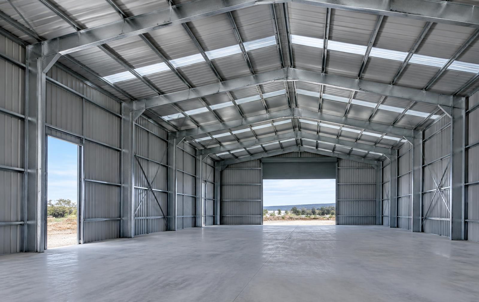 Illustrative exposed steel portal frames inside an industrial shed